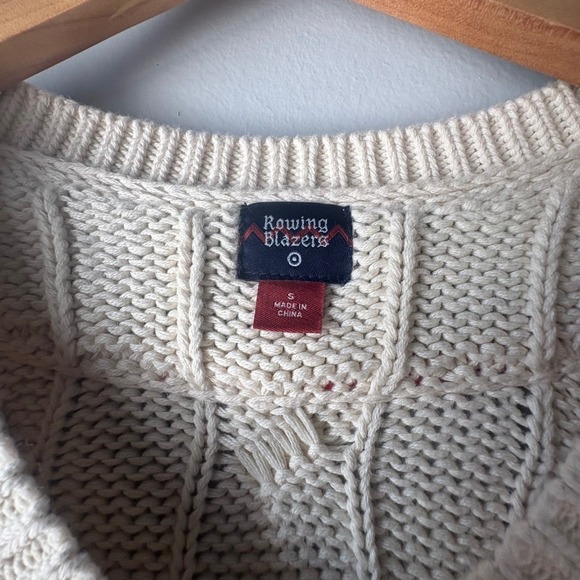 Rowing Blazers x Target Cream Cable Knit V Neck Sweater Striped Trim Size S - Picture 6 of 10